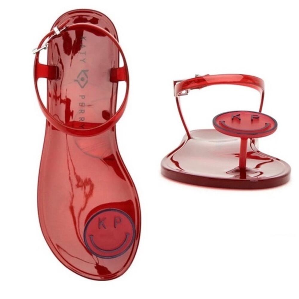 NIB Katy Perry Size 7 Women’s The Geli Flat Smiley Face Red Summer Sandals